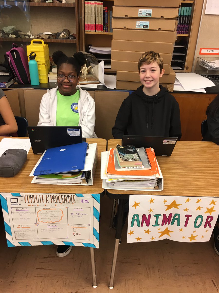 Mr. Dahl’s AVID elective class putting on their career fair. Inspired by our recent College and Career Fair back in January. <a href="/PrincipalBoomer/">Brian Peerenboom</a> #whitford_ms #coolcoachmen #steamup <a href="/AaronRodgers12/">Aaron Rodgers</a>