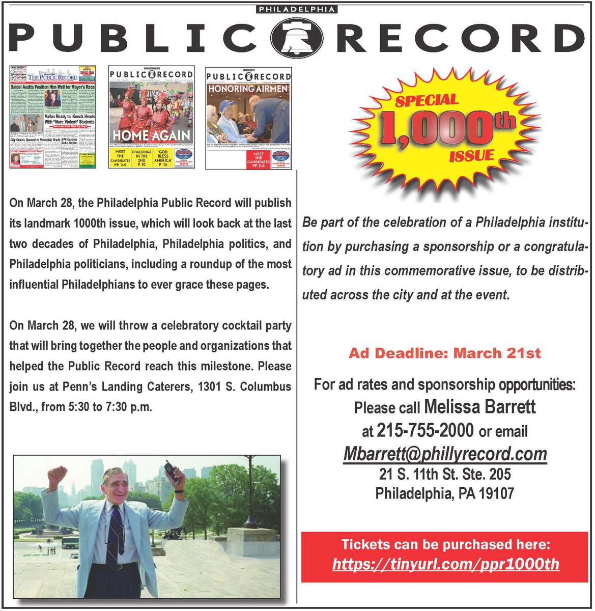 phillyrecord's tweet image. The Philadelphia Public Record will publish its 1000th issue and host a celebratory cocktail party on March 28. Be part of a landmark celebration for this landmark publication! For sponsorship and ad rates, and to purchase tickets: tinyurl.com/ppr1000th  #1000thIssue