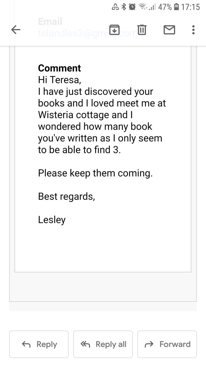 This email made my evening last night. It came via my website. Yes, sadly I only have 3 books published, I AM working on a 4th and 5th... 
#reviews #Writing #Author #RomanticNovelist #readers 
#ThisMakesMeHappy
amzn.to/2qSzFGB