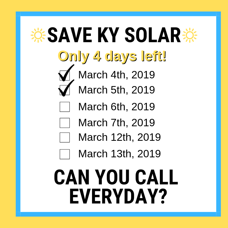 SolarKentucky's tweet image. No news isn't necessarily good news and we aren't out of the woods yet! Make another quick call today. Tell the entire house "do not recede on SB100" 1-800-372-7181 #SolarWorksKY