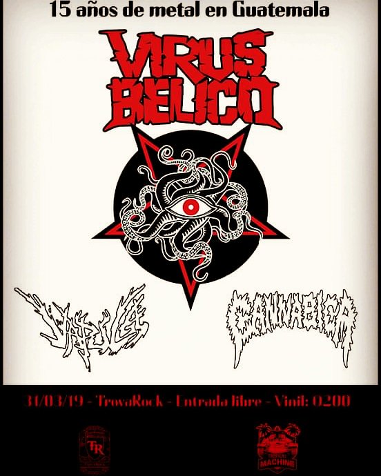 TrovarockGt's tweet photo. Domingo 31 de Marzo! Celebrando los 15 años de #VirusBelico con concierto GRATIS! y junto a ellos #Vapula de Xela y #Cannabica
Tendran la pre-venta del vinil de 120 Días, editado por Tropical Machine Records, pronto más información... https://t.co/MSUCcDS9Fw