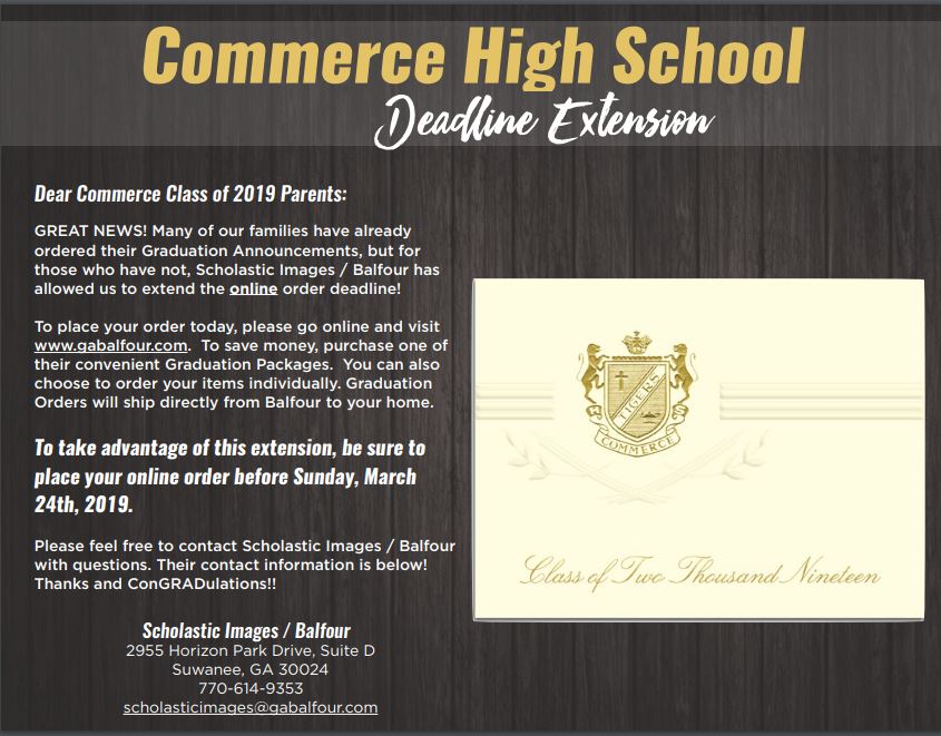 We are extending the ONLINE ONLY Graduation Announcement Order Deadline.  Families can still place orders through Sunday, March 24th online only.