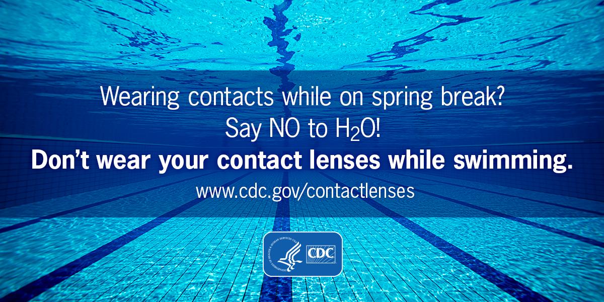 CDCgov's tweet photo. Swimming is a fun way to enjoy your vacation. But keep your contact lenses out of the mix. Take lenses out before you swim to avoid getting germs in your eye that can lead to an infection. https://t.co/Rf4TRaTFJH #SpringBreak https://t.co/Bzanbae4iD