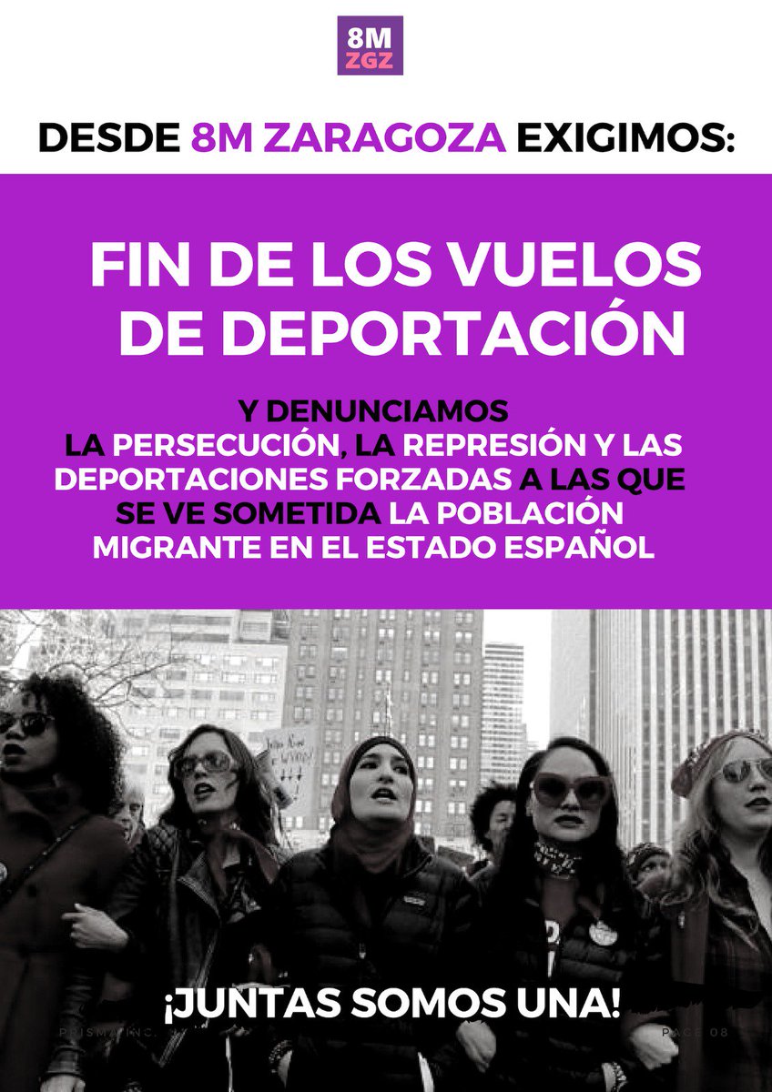 8_mzgz's tweet photo. Por el fin de los vuelos de deportación. Para derogar de forma inmediata la Directiva Europea de Retorno. Para que ejerzamos nuestro derecho a emigrar y nuestra libertad de movimiento y de establecimiento dentro y fuera de Europa.

#8MZGZDENUNCIA #8M #8Mars https://t.co/Sjc3hy6hwt