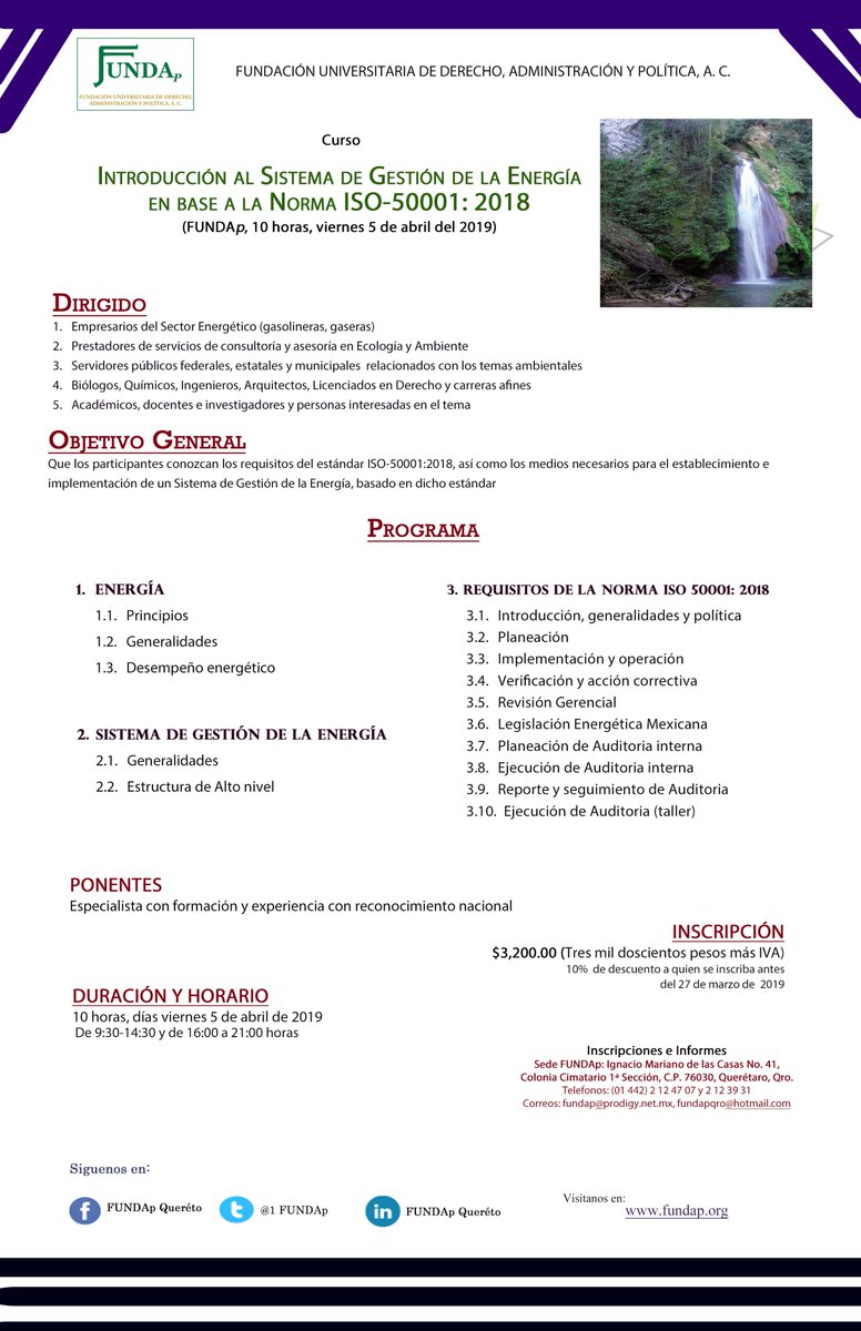 FUNDAPQRO's tweet photo. @IMDT_CNECMEXICO FUNDAp 2019: V Curso Taller Elaboración, Integración y Evaluación de Manifestación de Impacto Ambiental (30 h, días 28, 29, 30 abril); Curso Introducción al Sistema de Gestión de la Energía en base a Norma ISO-50001: 2018 (10 h, 5 abril). fundap@prodigy.net.mx https://t.co/DvCuzxeWOV