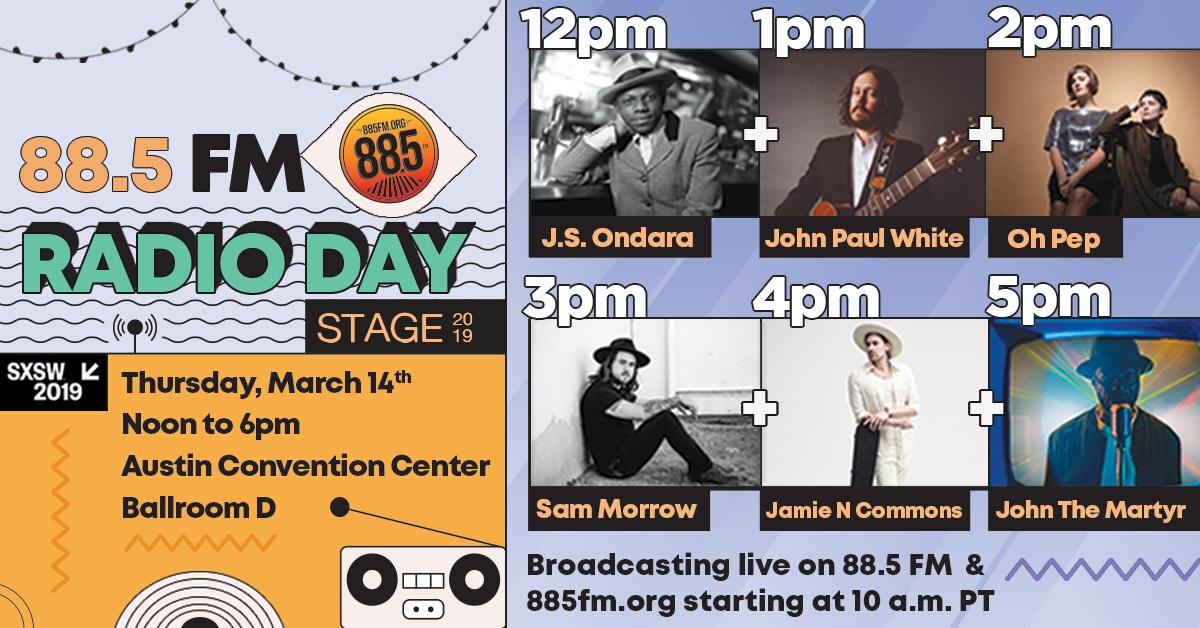 88.5 FM returns to @SXSW! This year's lineup features @jsondara, @johnpaulwhite, @OhPep, @sammorrowmusic, @JamieNCommons, and @johnthemartyr. Listen LIVE on 3/14.