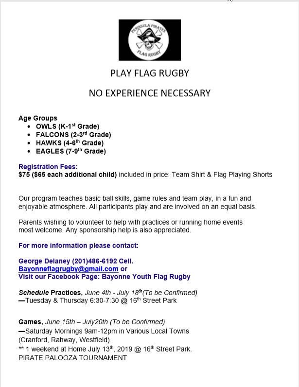 BayonneNJEvents's tweet photo. Bayonne Rec Youth Coed Flag Rugby 2019 Season is upon us. Summer schedule and Registration forms attached. We will start to collect registrations May 01, 2019.
Please spread the word. All are welcome. #BayonneNJEvents https://t.co/CqcAQxwqhf