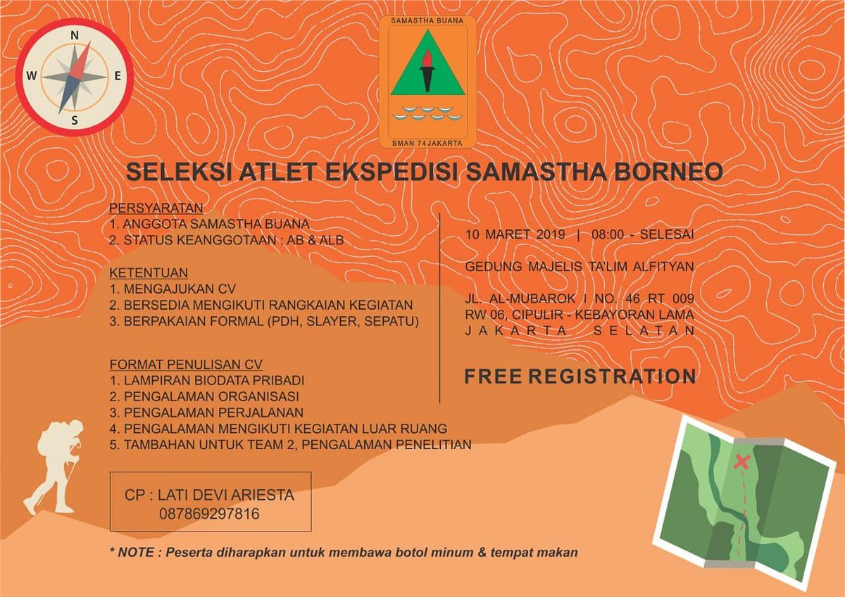 samasthabuana's tweet photo. Open Recruitment!
Ekspedisi Samastha Borneo 2019

Siapkanlah dirimu!

Free Registration dan terbuka bagi seluruh Anggota Samastha Buana

Ada pertanyaan? 
Hubungi Narahubung

#samasthabuana #samasthabuanajaya #mimpikitamasihsama #ekspedisisamasthabuana #ekspedisisamasthaborneo2019 https://t.co/mOIJ6vttcj