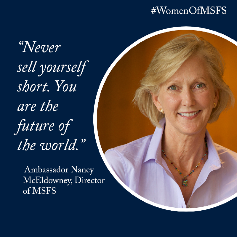 georgetownmsfs's tweet photo. Today in #WomenOfMSFS, Amb. Nancy McEldowney, Director of #MSFS, shares a message for the women studying at @georgetownsfs. Read our faculty spotlight for #IWD2019: https://t.co/4Hod9WpYQd https://t.co/3LDB6gM8ZF