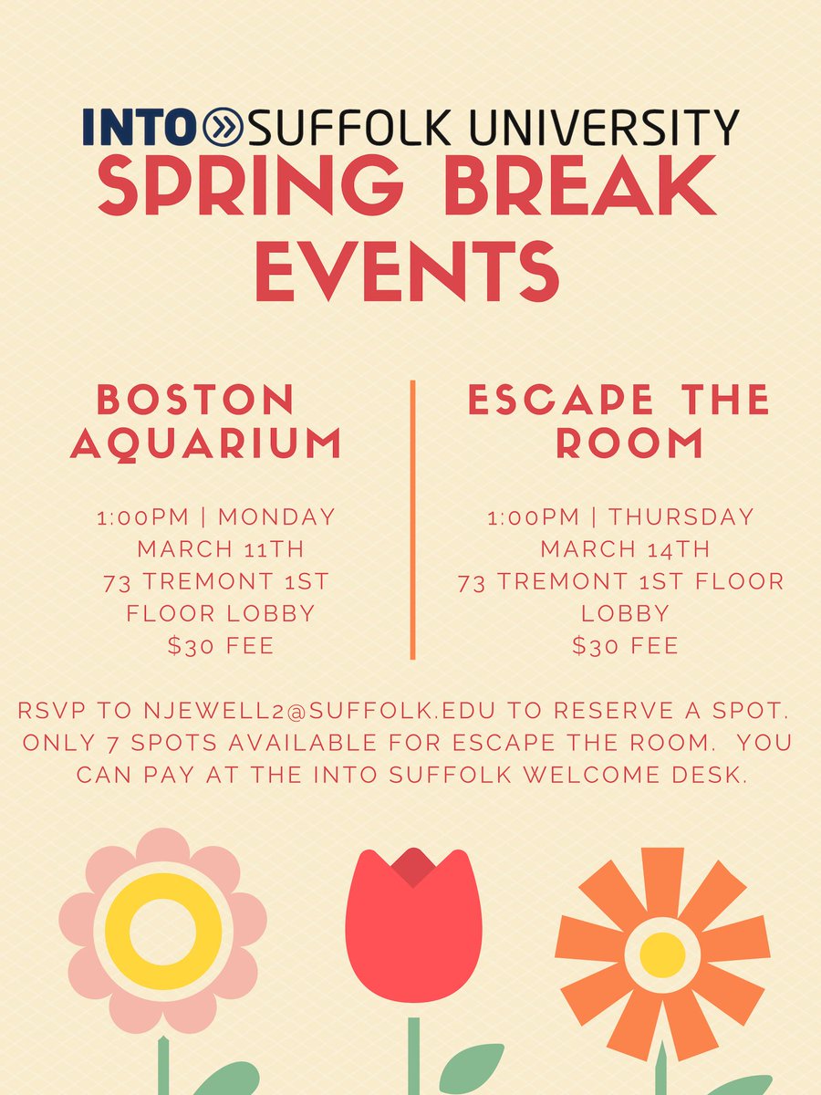 INTO_Suffolk's tweet photo. What do you have going on for #SpringBreak? If you're sticking around Boston and looking for something to do, check out our two trips - the @NEAQ and Escape the Room! #INTOSuffolk https://t.co/LqephuDDFk