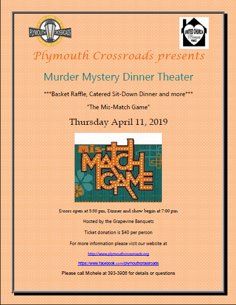 Plym_Crossroads's tweet photo. FRIENDS OF PLYMOUTH CROSSROADS!!! We are hosting a murder mystery dinner theater on April 11 @ 7pm at the Grapevine Banquets on Dick Road in Depew! Proceeds go to Plymouth Crossroads! We hope to see you there for a night of lots of laughs, great food and fun!!! https://t.co/vVNIMGCfCu