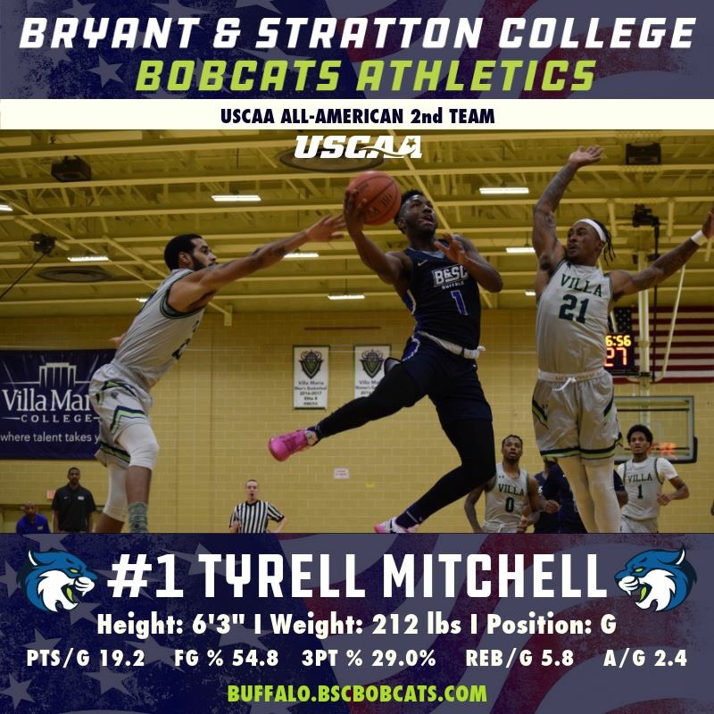 BSCBobcatsBuf's tweet photo. Tyrell Mitchell wins second team USCAA All American Honors #allamerican #bryantstratton #college #bobcatnation #basketball #uscaa https://t.co/2r8IasUZWz
