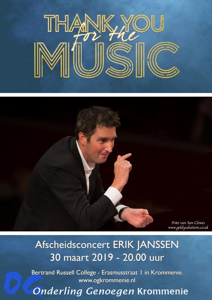 Zaterdag 30 maart 20.00 uur in het BRC Krommenie. Een zeer speciale avond die wordt verzorgd door het koor GO4Singing, het opleidings- en groot orkest. Het groot orkest voor de laatste keer onder de bezielende leiding van <a href="/EJanssen4/">Erik Janssen</a> Bestel kaarten op ogkrommenie.nl/index.php/134/…