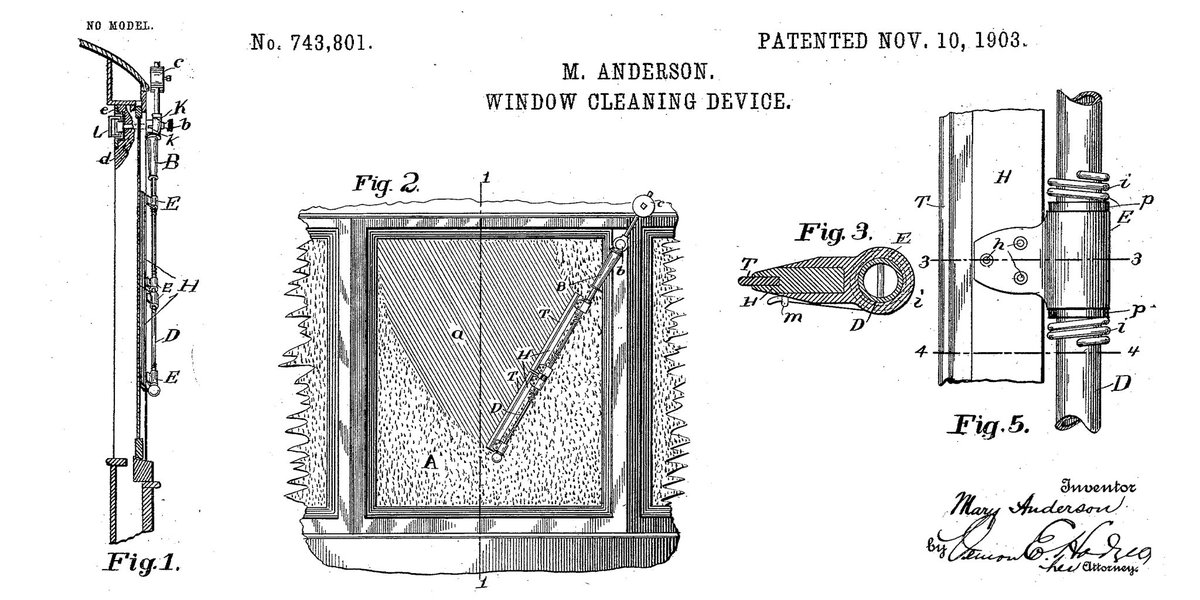 uspto's tweet photo. In 1903, patent no. 743,801 for windshield wipers was issued to inventor Mary Anderson. Before her invention, drivers would get out of their car to clean the windshield or open the window to see out of their car during inclement weather. #WomensHistoryMonth https://t.co/HdTWghsXPB