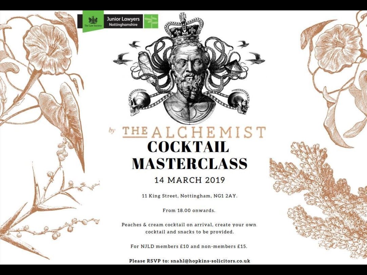 Join us at our cocktail masterclass at  @TheAlchemistUK on 14 March 2019! 
Spaces are limited so sign up now!!  E-mail snahl@hopkins-solicitors.co.uk to book your place #NJLD #cocktailmasterclass