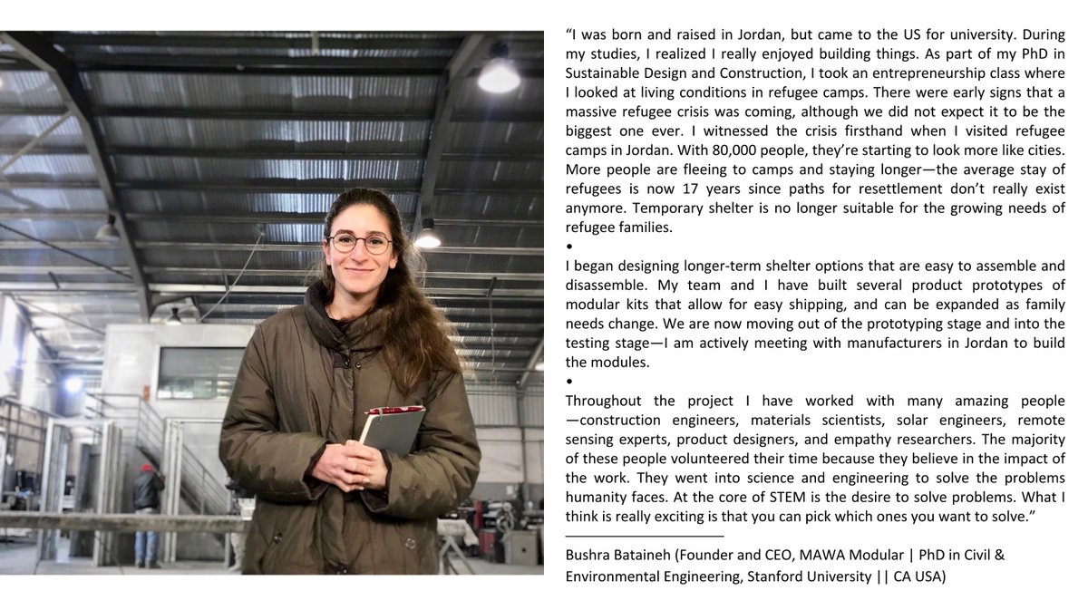 _womenofstem's tweet image. “I witnessed the crisis firsthand when I visited refugee camps in Jordan. With 80,000 people, they look more like cities. I began designing long-term shelter options that are easy to assemble/disassemble...”
•
medium.com/@wostem.offici… || fb.me/wostem 
•
#womenofstem