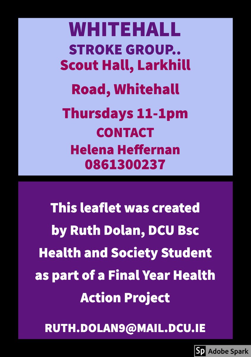 As part of my final year project, I have created a short video, narrating the lived experience of Stroke. All the content is informed through discussion groups with stroke survivors in Whitehall Stroke Support Group #StrokeAwareness @SNHS_DCU
Watch here: bit.ly/2NJmJ1I