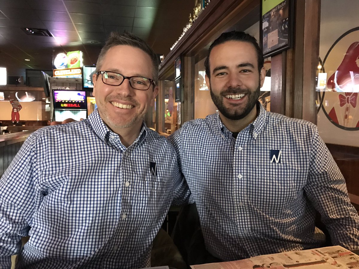 JohnBernatovicz's tweet photo. This is what it looks like when you work virtually, don’t coordinate attire before leaving home, and meet a client for lunch. Whoops! @PhilipMajorCR and I had a good laugh, and the client was more than happy to memorialize the fashion faux pas. #WearingTheSameShirt @willory1 https://t.co/UQoboHn4C5