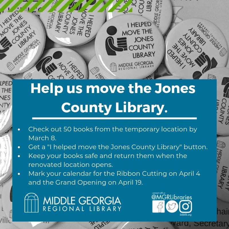 MGRLibraries's tweet image. We&apos;re making progress in Jones County, &amp;amp; you can help! Check out 50 books at the temporary location before March 8, &amp;amp; keep those books until the renovated location opens in April. In exchange, we&apos;ll give you an &quot;I helped move the Jones County Library&quot; button!

#GeorgiaLibraries