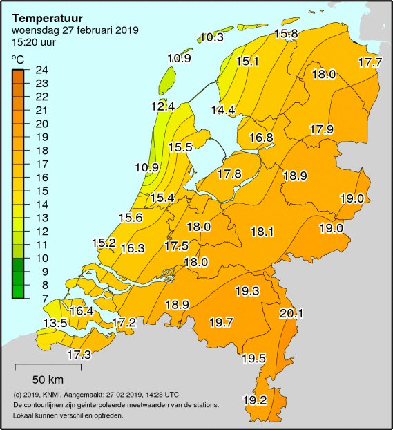 Heel bijzonder!! Met 20.1 graden is het voor Arcen, Limburg de eerste warme dag van 2019. Februariwarmte op zijn ‘best’ want warmer kan het eigenlijk niet worden. 

Ook elders in het grootste deel v/h binnenland zeer #zacht met 15-19 graden. #lente #zon #warmte