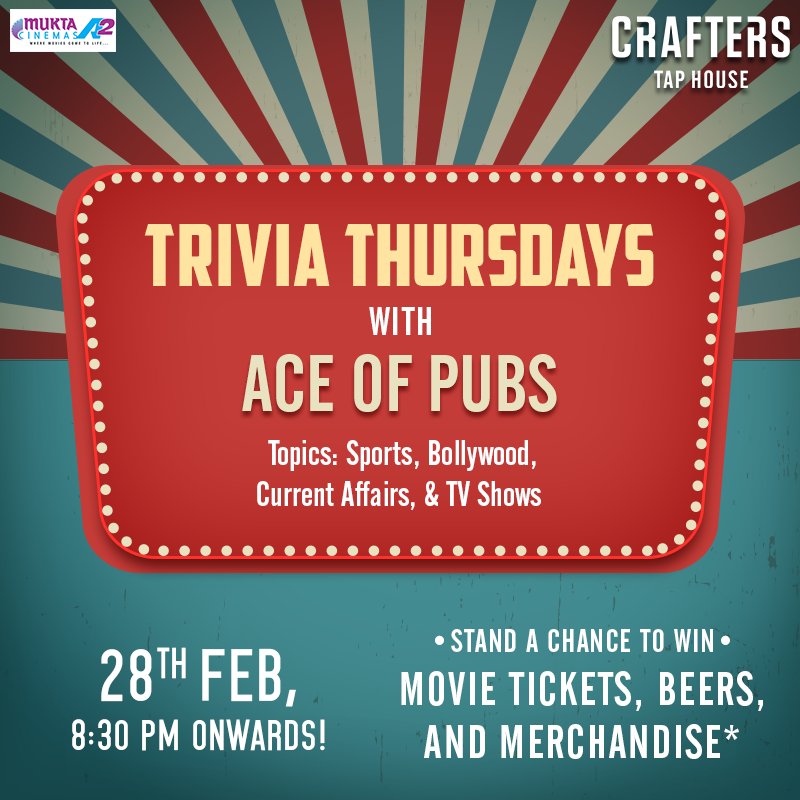Trivia Thursday is here & this is your chance to win a beer on the house or movie tickets & merchandise for every right answer given by you!
Get your folks along, 8:30 PM onwards!
#Craftersofindia #CraftersTaphouse #CraftingExperiences #BeerLovers #Trivia #TriviaNight