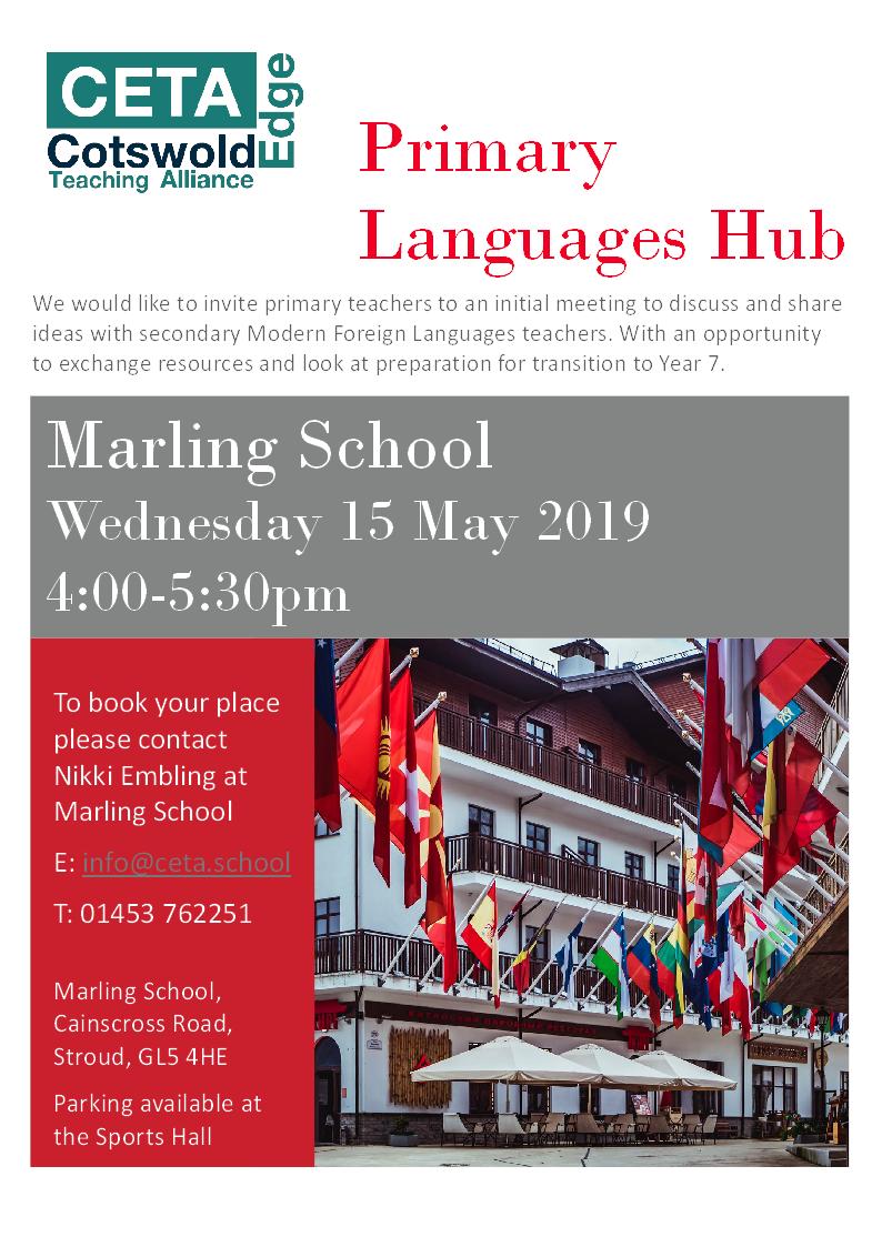 CotswoldEdgeTA's tweet photo. Primary Languages Hub for primary teachers - 15 May 2019 4-5:30pm. Email info@ceta.school to book your place. https://t.co/ICgb3lgUvW
