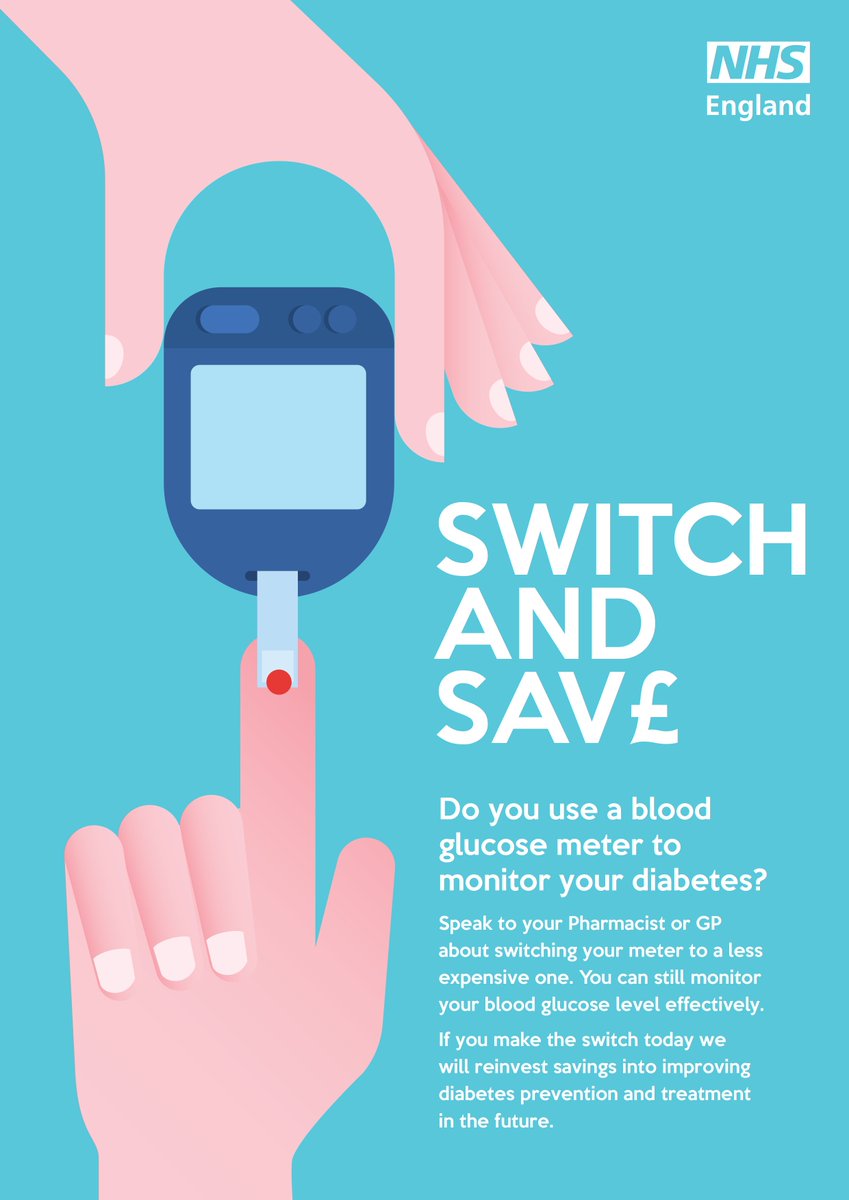 trentpub's tweet photo. Poster design for NHS England to encourage diabetes patients to switch to using a cheaper blood glucose meter so that the savings can be reinvested into diabetes prevention and treatment. #diabetes #nhs #bloodglucose @NHSEngland #NHScomms @NHSDiabetesProg @DiabetesUK https://t.co/dKIedjKZg6