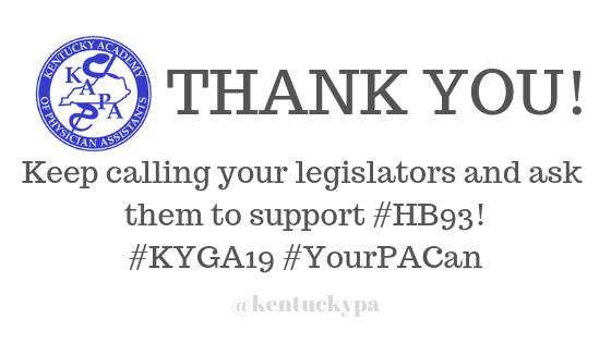 KentuckyPA's tweet photo. 🚨ACTION ALERT🚨: HB93 has been posted to the Health &amp; Family Services Cmte for a hearing! TBA when it will be called for a vote - continue monitoring our social media pages for updates!

THANK YOU to everyone who has advocated for #HB93 these past few weeks! #kyga19 #YourPACan https://t.co/Q6Y0dHAwVq