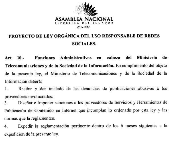 usuariosdigital's tweet photo. #AlertaDigitalEC Proyecto de "Ley del Uso Responsable de Redes Sociales" #LeyDeRedes por @DanielEsTuVoz:
- Art 10 @Telecom_Ec sería sancionador de proveedores de internet y servicios intermediarios, aunque no indica como https://t.co/ZySZnVNzjo