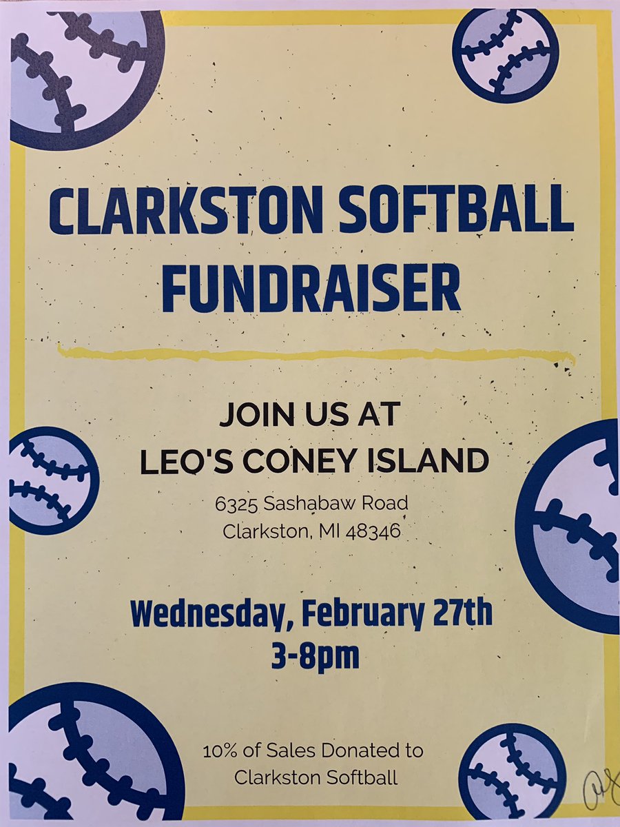 clarkstonsmith's tweet photo. Help support Clarkston Softball TODAY by enjoying a meal at Leo’s Coney from 3-8pm! Thanks in advance!!! @CtownAthSec @LearnAtCCS https://t.co/4tt2scBD4q