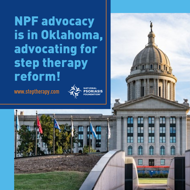 NPF's tweet photo. Today, #NPFadvocacy is in #Oklahoma with @OK4StepReform to discuss #SB509 / #HB2638 to reform #steptherapy. This legislation will help patients access doctor prescribed medications faster. If you live in Oklahoma, click here: https://t.co/IzKGuAQ6bo #FailFirstOK #OKLege https://t.co/F81mL5WooZ