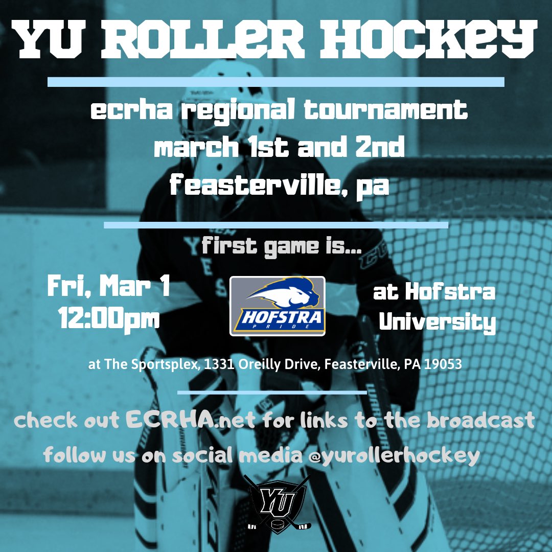 YURollerHockey's tweet photo. The boys are headed out to Feasterville, PA this weekend for the ECRHA Regional Tournament! We kick it off against @HofstraHockey at noon on Friday #ToTheMacs #BeeGreat #RochesterReady @YUathletics @ECRHAHockey @NCRHA https://t.co/Sej7ksUowt
