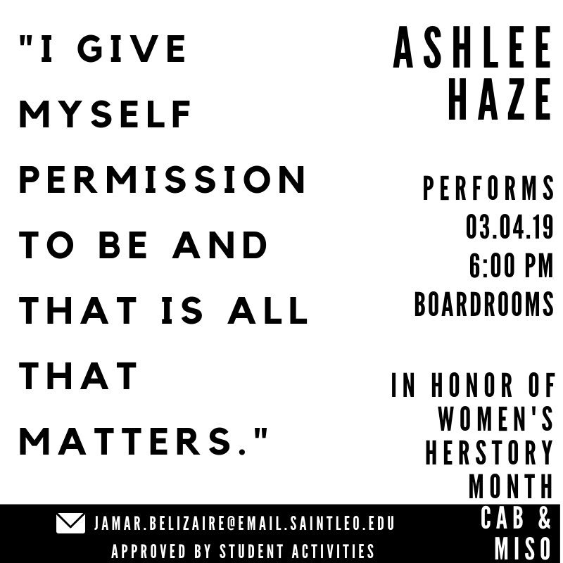 SaintLeoCAB's tweet photo. Come see the amazing Ashlee Haze kill it this Monday at 6 PM in the boardrooms! You won’t want to miss her spoken word, bring your friends, ladies this ones for you! #womensherstorymonth @LeoSvcs https://t.co/FWsaDFXVB1