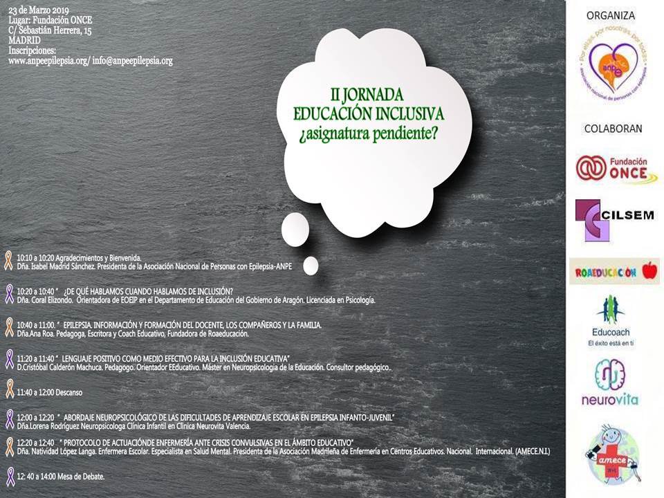 AnpeEpilepsia's tweet image. 📌El sábado 2️⃣3️⃣ Marzo realizamos nuestra 📖 II JORNADA DE EDUCACIÓN INCLUSIVA ¿asignatura pendiente?Creemos que es buen momento para aportar algo de luz sobre la situación existente #EducaciónInclusiva #EducaciónEspecial.Tendremos colaboración #IntérpretedeLenguadeSignos