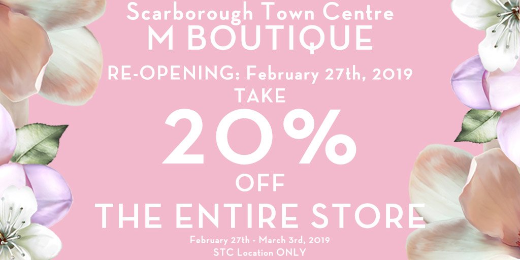 ShopSTC's tweet photo. We are so excited to announce that @Shop_Mboutique has re-opened at STC! We can’t wait for you to see their new look. Take 20% off the entire store from February 27th, 2019 until March 3, 2019! #MeetMeAtSTC #MsGotIt 🌸✨ https://t.co/yfROkD0Gby