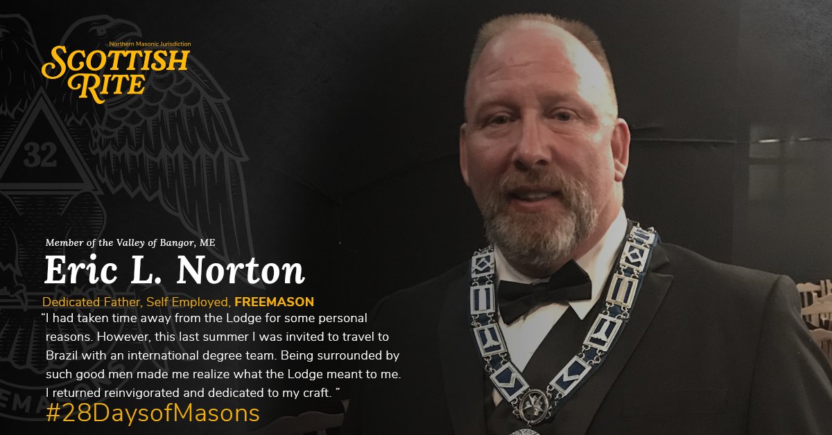ScottishRiteNMJ's tweet photo. From the Valley of Bangor and Tuscan Lodge, the 27th featured Brother in the 28 Days of Masons celebration is Eric L. Norton, 32°.
Dedicated Father, Self Employed, Freemason. #28DaysofMasons https://t.co/8z4I5dzEVL