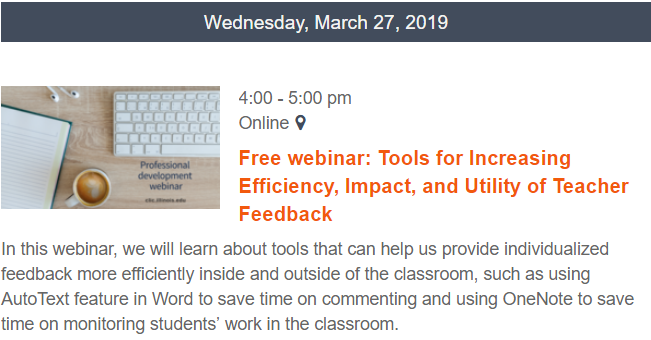 ClicIllinois's tweet photo. FREE webinar, one month from today: "Tools for Increasing Efficiency, Impact, and Utility of Teacher Feedback". If you're a world language instructor who incorporates formal writing assignments in your classes, then this webinar is for you! Register here: https://t.co/llWOczx8zX https://t.co/kMVy7TLTt0