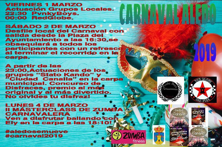 Adjuntamos cartel informativo de actividades programadas para el Carnaval 2019 en Aledo. 
#AledoSeMueve
#Carnaval 
#Carnaval2019