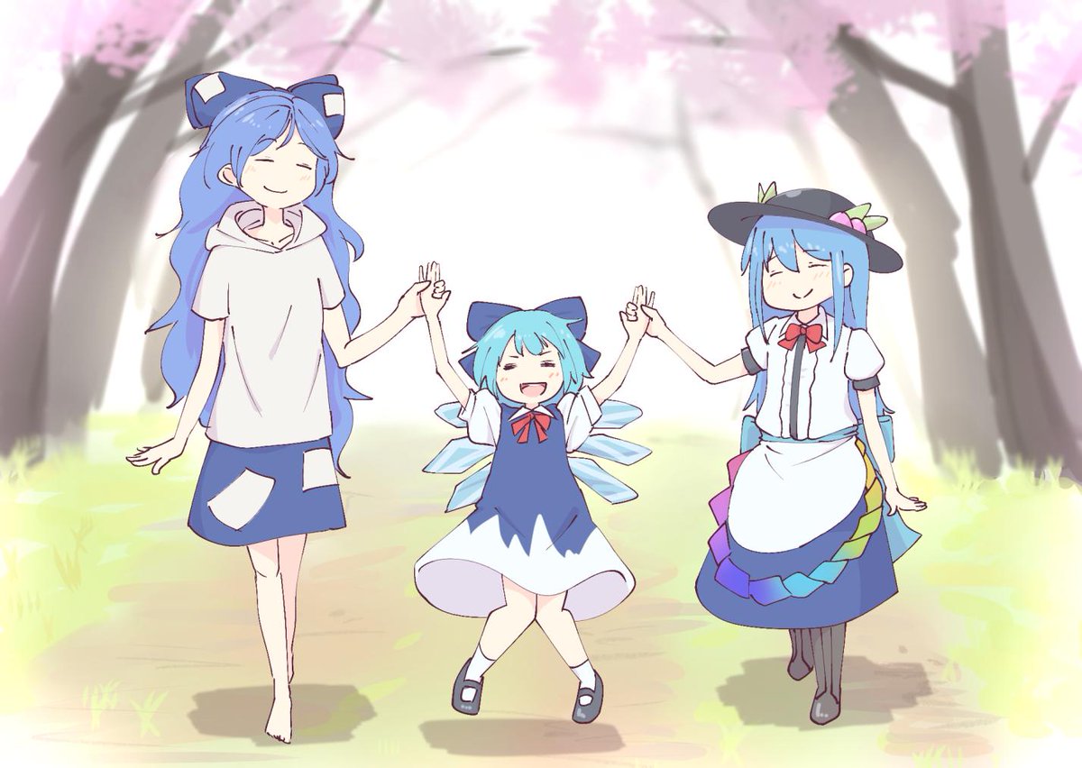 cirno ,hinanawi tenshi ,yorigami shion multiple girls blue hair long hair 3girls bow barefoot blue bow  illustration images