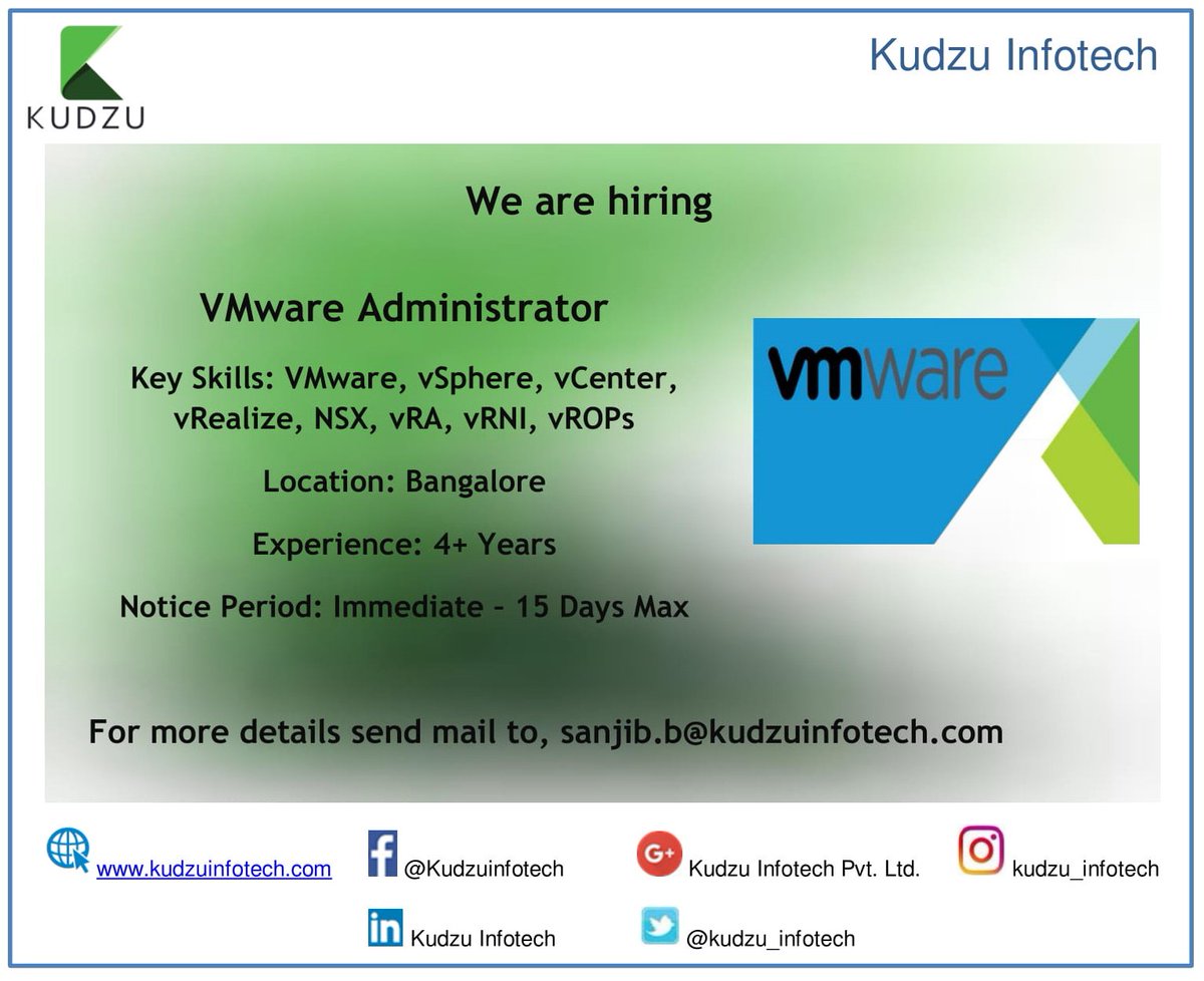 sanjib_bardhan's tweet photo. Dear All,

#JobOpportunity @kudzuinfotech for #VMwareAdmin. Interested job seekers can share your updated resume to, sanjib.b@kudzuinfotech.com https://t.co/WIR1UHp315