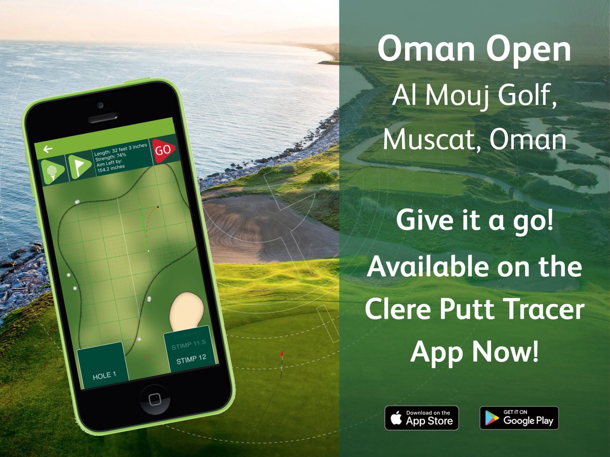 cleregolf's tweet photo. Prepare yourself for the Oman Open tomorrow with the Clere Putt Tracer App. ⛳️  Almouj Golf Club is now available! Download the app on the Apple Store or Android.📱

#clereputttracer #golfing #cleregolf #yardagebook #courseguides #progolftips #golfequipment #europeantour #golf https://t.co/h1PD0bacJe