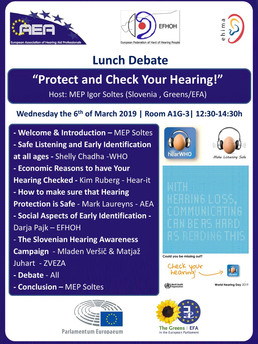 Don't forget to join us next week 6 March in Brussels for the Parliament Lunch Debate 2019. Find out what you can do to "Protect and Check Your Hearing!"
Visit bit.ly/2DtKPtQ  for more info.
#hearingloss #safelistening
<a href="/ShellyChadha1/">Shelly Chadha</a> <a href="/DarjaPajk/">Darja Pajk</a> <a href="/isoltesEP/">Igor Šoltes</a> <a href="/Hear_it/">Hear-it</a> <a href="/WHO/">World Health Organization (WHO)</a>