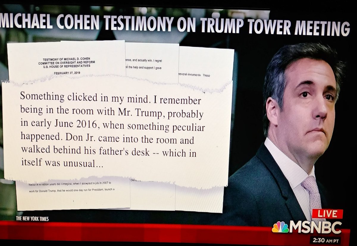  #Cohen released his written testimony ahead of his testimony and instead of staying away from  #TrumpRussia he spilled the beans on  #Trump and  #DonaldJTrumpJr for conspiring with Stone/WikiLeaks to get dirt on Hillary Clinton.  #TrumpCrimeFamily