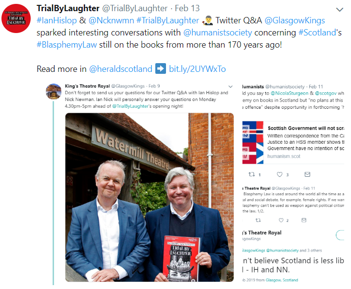 TrialByLaughter's tweet photo. Another triumph for #WilliamHone! #TrialByLaughter 👨‍⚖️ #IanHislop &amp; @Ncknwmn unexpected role in #Scotland's #BlasphemyLaw debate (sparked by @GlasgowKings Twitter Q&amp;A question @humanistsociety) comes to a head! READ ➡️ https://t.co/WrLX0FAyLt 

 https://t.co/xxHn3IZvM8 https://t.co/76m1BM8bvY