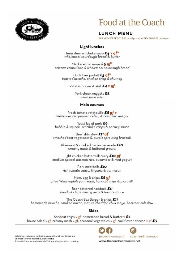 Today's lunchtime menu served from 12 to 6pm.