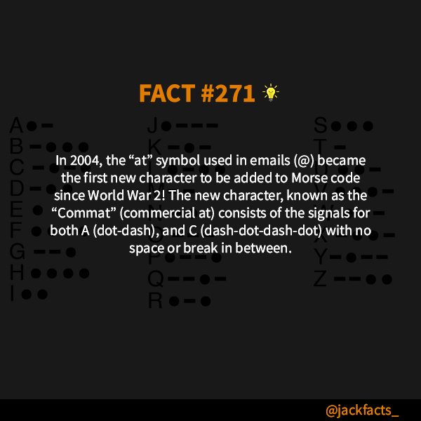 JackFact_'s tweet image. ..... ----- / .--. --- .. -. - ... / .. ..-. / -.-- --- ..- / - .-. .- -. ... .-.. .- - . / - .... .. ... -.-.--
.
.
#MorseCode #Commat #Symbol #Email #WorldWarTwo #Signals #Dot #Dash #Character #JackFacts #OldTech