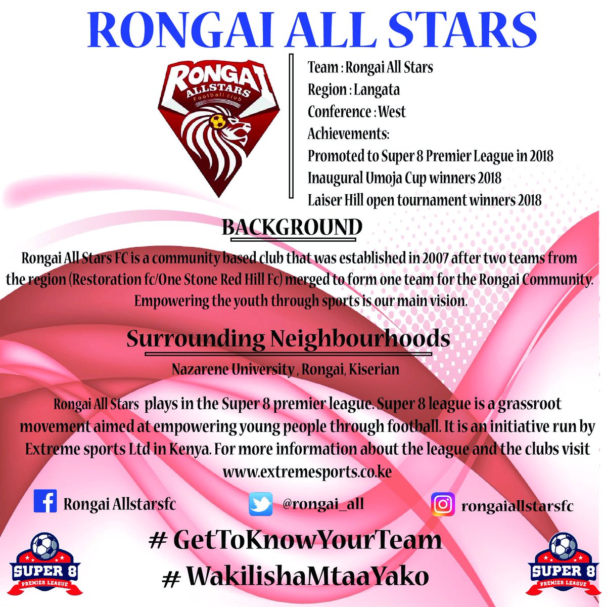 super8kenya's tweet photo. How well do you know your team?
After surviving relegation in 2018, @rongai_all that competes in the Super 8 Premier League has stepped up preparations for the new season in a bid to win a silverware at the end of the 2019 season
#GetToKnowYourTeam
#WakilishaMtaaYako https://t.co/JxuIgZrL0s
