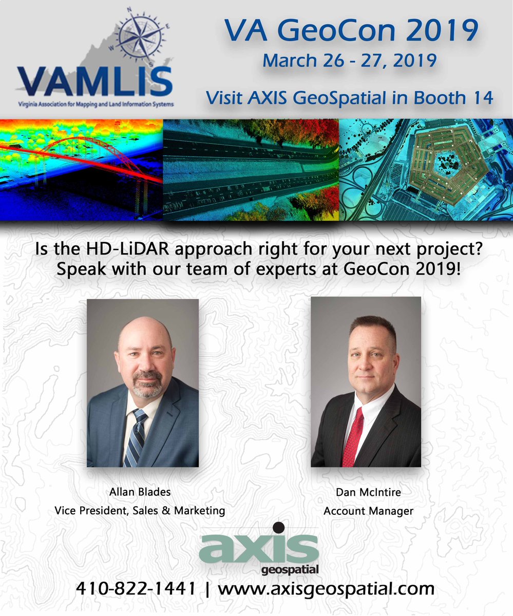 axisgeospatial's tweet photo. Just a month away! #VAMLIS #GeoCon2019 is quickly approaching! Don't miss the opportunity to stop by booth 14 and discuss your next project with Allan and Dan of #AXISGeoSpatial! #VAGeoCon2019 #LiDAR #GeoSpatial #HDLiDAR https://t.co/rWXYR3bAkE