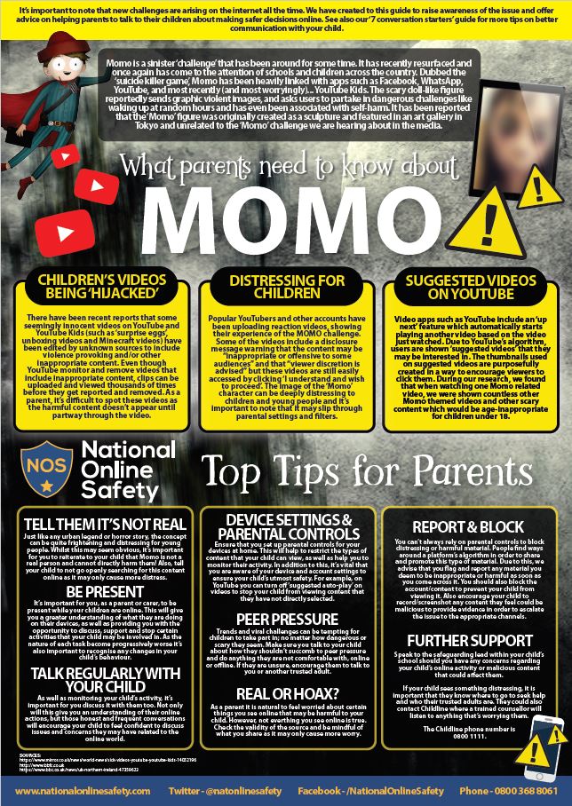 HonitonCC's tweet photo. ‘Momo Challenge’ – Advice for Parents/Carers. Please continue to be vigilant with your children’s internet use. https://t.co/51uX9kP6yj