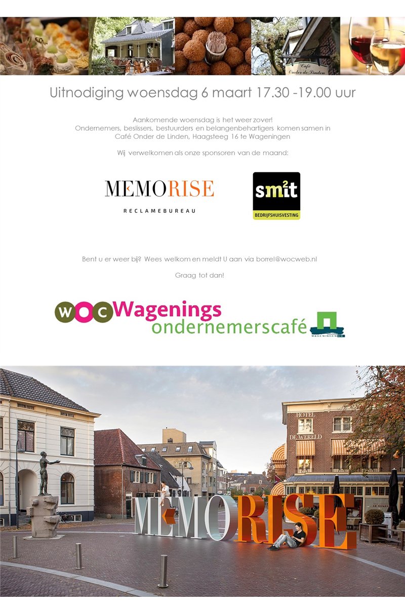 Woensdag 6 maart is het weer tijd voor het Wagenings Ondernemers Café. Van 17.30 tot 19.00 uur op het vertrouwde adres: Café Onder de Linden aan de Haagsteeg. Deze maand hebben we maar liefst twee sponsoren: Memorise Reclamebureau en <a href="/Sm2it/">Erik Smit</a>.